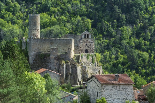 Saint Andre de Chalencon village. Castle and Chapel of Chalencon. Haute Loire. Auvergne Rhone Alpes. France
