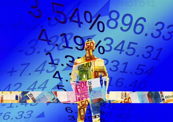 Symbol photo, manager with euro, financial economy, stock market, banks, money flows, devaluation, euro policy, inflation, stagnation, profits, capital market, currency, ECB, euro, euro upswing, euro downturn, parity, dollar, reserve currency, bitcoin, interest rates, debt, European Community, Germany