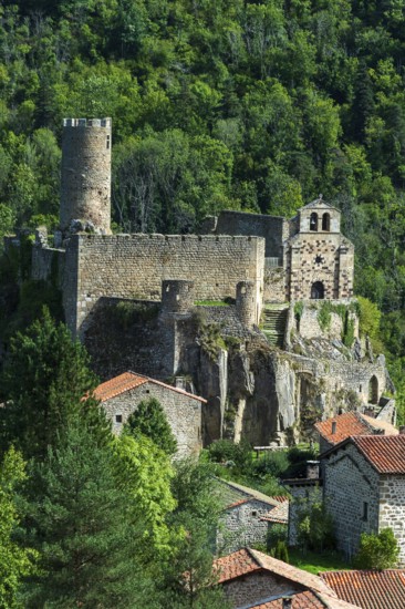 Saint Andre de Chalencon village. Castle and Chapel of Chalencon. Haute Loire. Auvergne Rhone Alpes. France