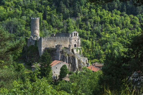 Saint Andre de Chalencon village. Castle and Chapel of Chalencon. Haute Loire. Auvergne Rhone Alpes. France