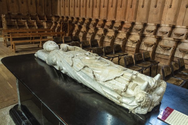 Pope Clement VI tomb inside Saint Robert abbey. La Chaise Dieu. Haute Loire department. Auvergne-Rhone-Alpes, France