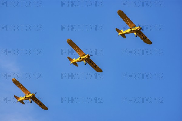 Three Piper PA-18 Super Cub aeroplanes of the Bravo Lima Formation flying in formation during an air show at the Rossfeld in Metzingen-Glems, Baden-Württemberg, Germany, for editorial use only