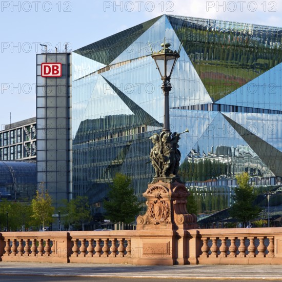 Historic Moltkebrücke with modern Cube Berlin, cube-shaped office building with glass façade reflecting the surroundings, Berlin, Germany
