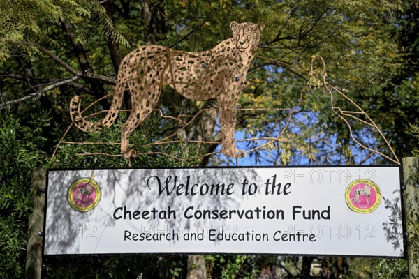 Sign at the entrance to the Field Conservation Centre and Reserve of the Cheetah Conservation Fund (CCF), Elandsvreugde Farm, near Otjiwarongo, Otjozondjupa Region, Namibia