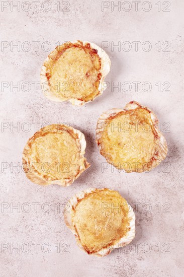 Scallop, baked in shells, with cheese and spices, on the table, homemade