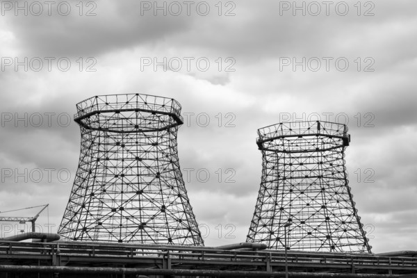 Scaffolding of former cooling towers, fan cooler, Zollverein coking plant, black and white photo, UNESCO World Heritage Site, Essen, Ruhr area, North Rhine-Westphalia, Germany