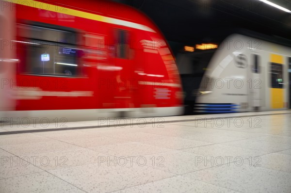 Underground incoming S-Bahn, train, class 420 in traffic red, Generation 2025, platform, stop, city centre station, public transport, movement effect, VVS, Stuttgart transport association, local transport, Stuttgart, Baden-Württemberg, Germany