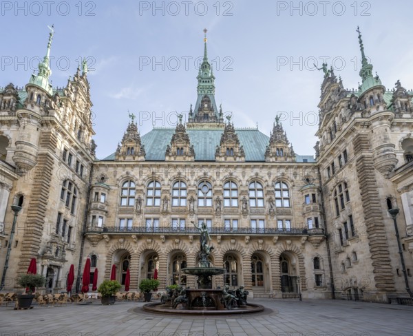 Inner courtyard of Hamburg City Hall with Hygieia fountain, Hamburg, Germany