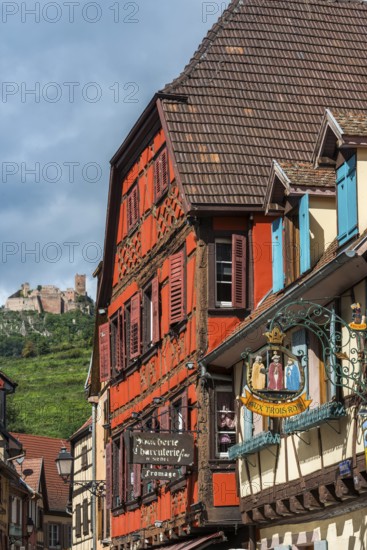 Historic town view with St Ulrich's Castle and half-timbered houses in Ribeauvillè