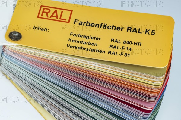 RAL colour fan. RAL colours are standardised colours from the RAL German Institute for Quality Assurance and Labelling. Stuttgart, Baden-Württemberg, Germany