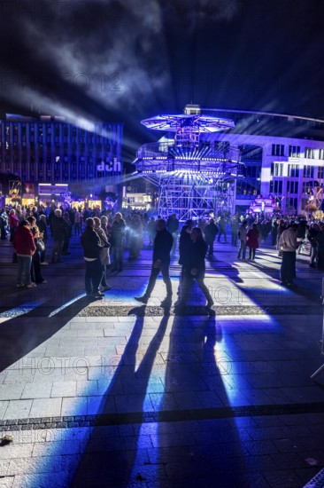 The 10th Essen Light Festival, in the city centre, second largest light art festival in Germany, light art on Kennedyplatz, Platz der Wünsche, light installation, with DJ sound, Essen, North Rhine-Westphalia, Germany