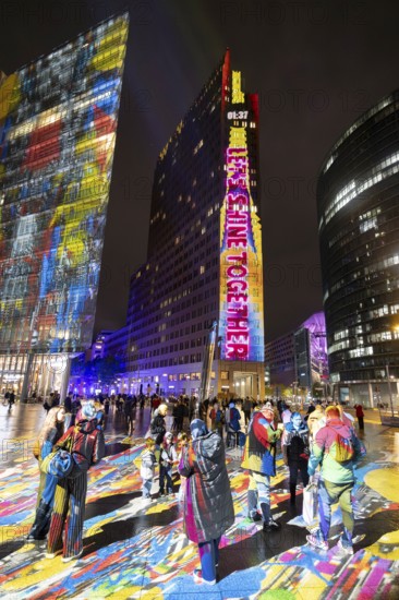 Potsdamer Platz, 21st BERLIN FESTIVAL OF LIGHTS, motto Let's Shine Together, light installations, 8 October 2025, Berlin, Germany, opening day in drizzle < english> 21st BERLIN FESTIVAL OF LIGHTS, motto Let's Shine Together, light installations, October 8, 2025, Berlin, Germany