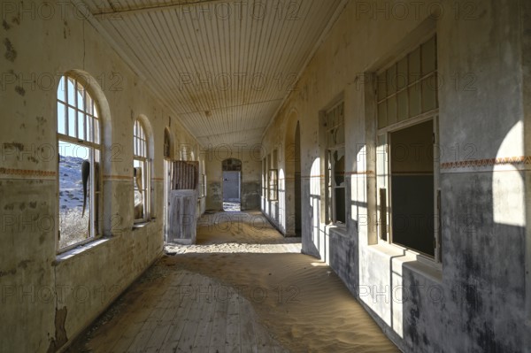 Former dwelling house full of sand, Kolmanskop, restricted diamond area, Karas region, Namibia
