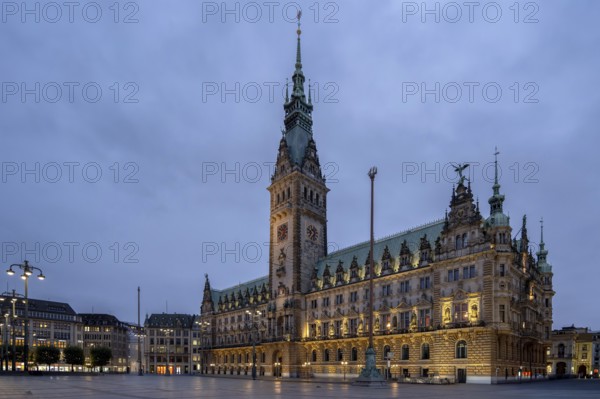 Town hall at the Rathausmarkt during the blue hour, Hamburg, Germany