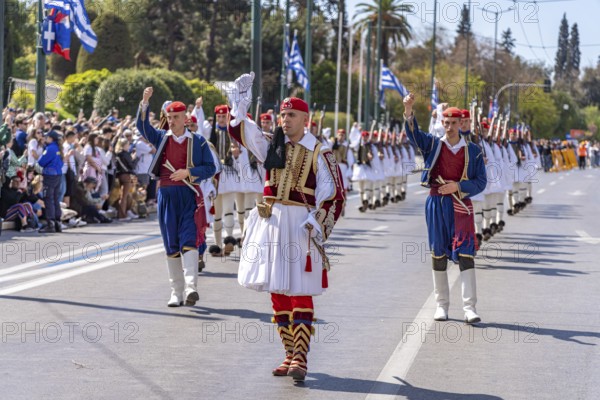 The traditional changing of the guard of the Evzones in front of the Greek Parliament in the Greek capital Athens, Greece