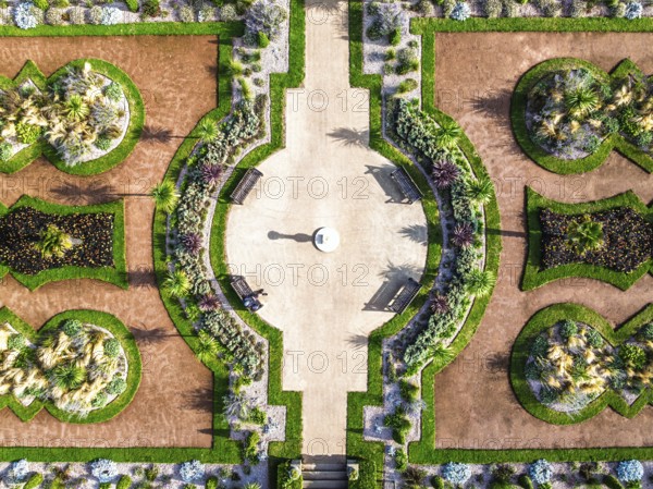 Top Down view over Italian Garden in Abbey Park from drone, Torquay, Torbay, Devon, England, United Kingdom