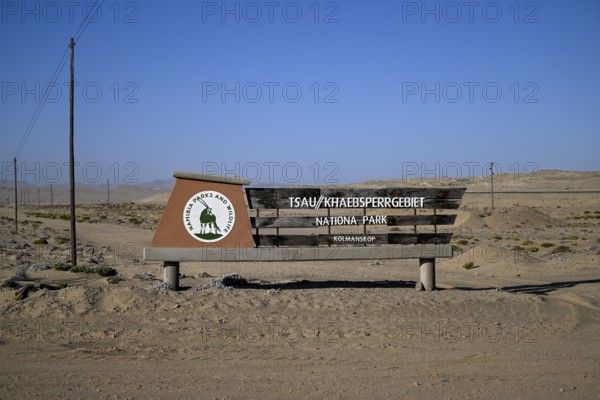 Sign at the entrance to Tsau//Khaeb National Park, near Kolmanskop, diamond restricted area, Karas Region, Namibia