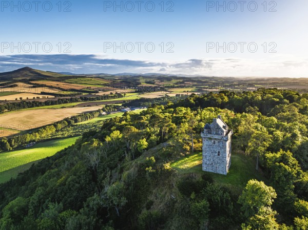 Fatlips Castle from a drone, Minto Crags, River Teviot, Roxburghshire, Scottish Borders, Scotland, UK