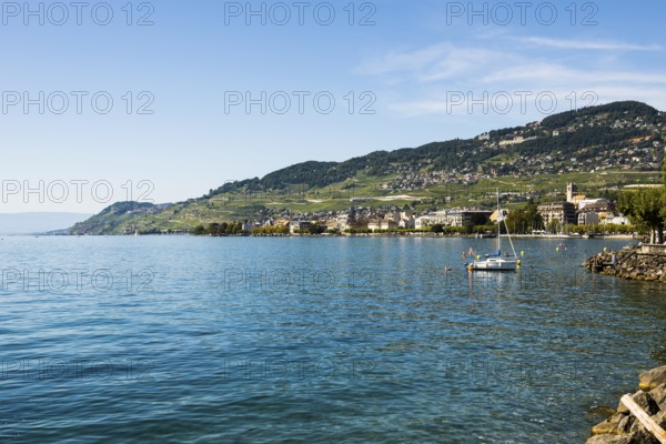 Panorama, lakeside town, Vevey, Lake Geneva, Lac Léman, Canton of Vaud, Switzerland