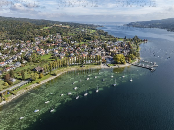 Aerial view of the village of Wangen on the Höri peninsula with boat moorings and jetty on the lakeshore, Lake Rhine, Lake Constance, Constance district, Baden-Württemberg, Germany