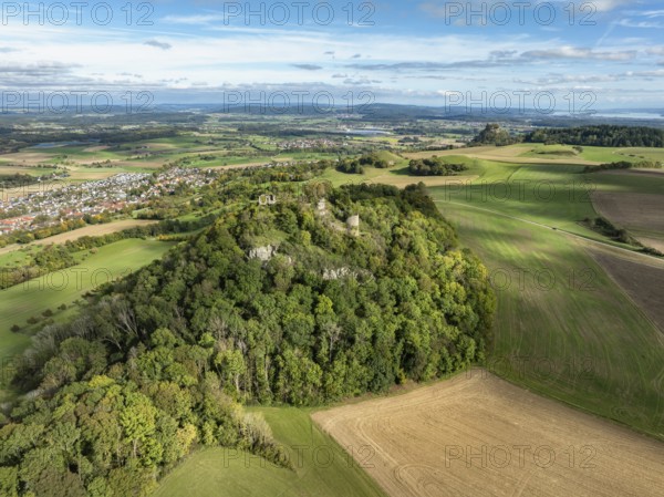 Aerial view of the Hegau volcano and the Mägdeberg castle ruins, with the Hohenkrähen and Lake Constance on the horizon, district of Constance, Baden-Württemberg, Germany