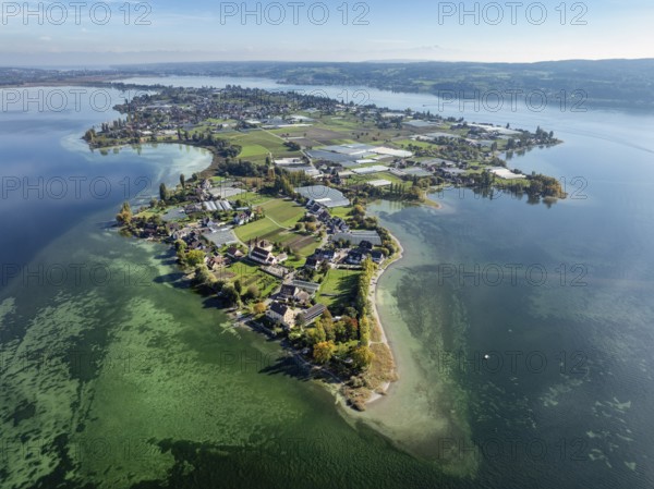Aerial view of the north-western tip of the island of Reichenau in Lake Constance, with the district of Niederzell and the columned basilica of St Peter and Paul, Windegg Castle on the shore, district of Constance, Baden-Württemberg, Germany