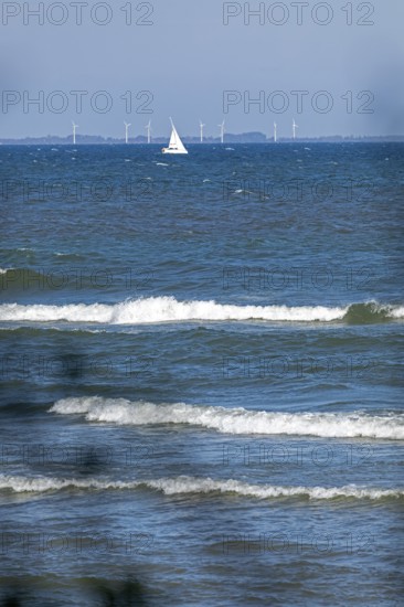 Sailboat, waves, swell, Baltic Sea, Geltinger Birk nature reserve, Nieby, Schleswig-Holstein, Germany