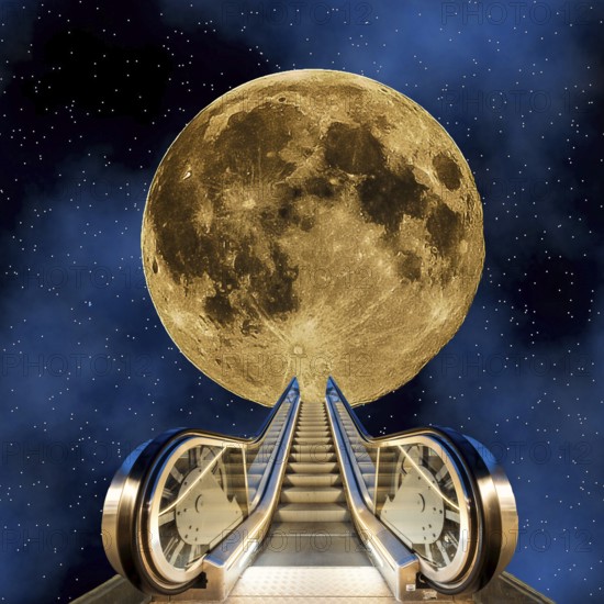 Symbolic image, escalator to the moon, universal promise of AI and AI. All-rounder for the internet and computers, Industry 4.0, data traffic, @ sign. Mail traffic, ChatGBT, OpenAI, chatbot, artificial intelligence, IT system, computer science, AI learning, IT technology, computer system, software, Microsoft, silicon brain, thinking machine, creativity, new wonder of the world, Einstein replacement, questionable intelligence, AI research, language robot, algorithm