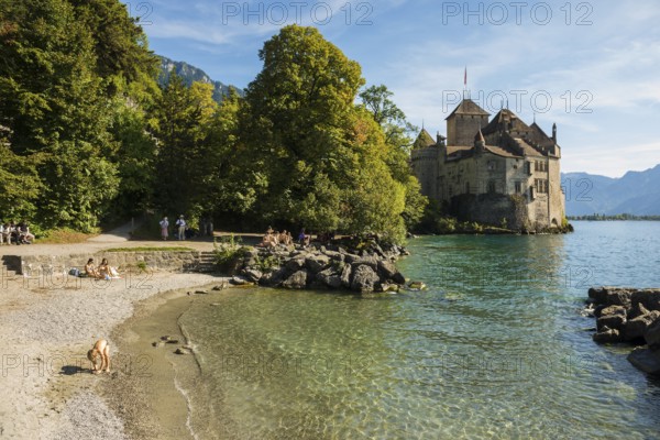 Bathing beach, Château de Chillon, Chillon Castle, near Montreux, Lake Geneva, Lac Léman, Canton Vaud, Switzerland