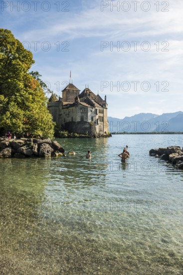 Bathing beach, Château de Chillon, Chillon Castle, near Montreux, Lake Geneva, Lac Léman, Canton Vaud, Switzerland