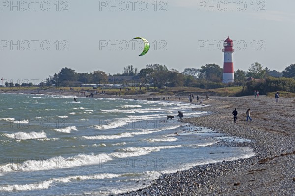 Lighthouse, beach, Baltic Sea, people, kitesurfer, Falshöft, Pommerby, Schleswig-Holstein, Germany