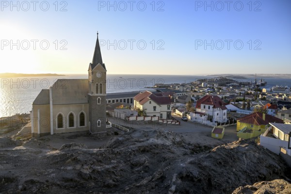 View of the rock church from 1912, blue hour, Lüderitz, Karas Region, Namibia