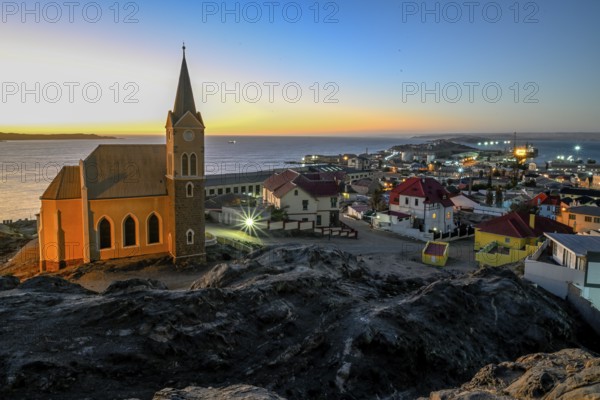 View of the rock church from 1912, blue hour, Lüderitz, Karas Region, Namibia