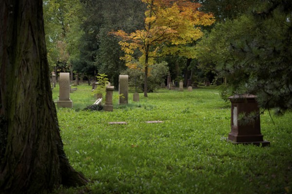 Gravestones, grave, graves, Hoppenlauf cemetery, oldest preserved cemetery in Stuttgart, autumn, autumnal, Baden-Württemberg, Germany