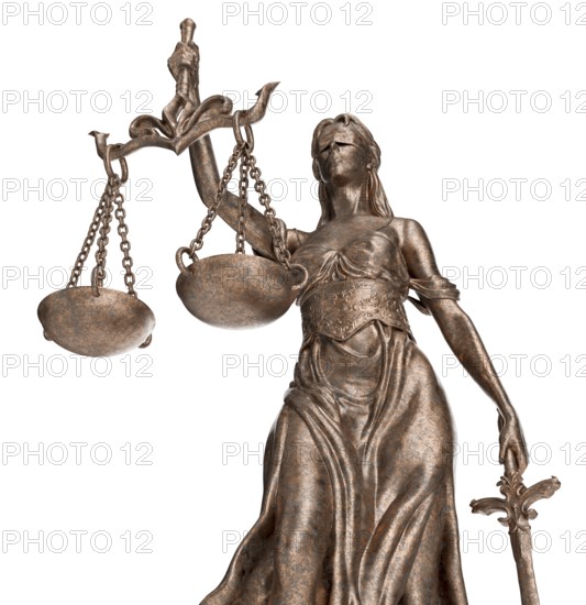 Bronze lady of justice statue isolated on a white background
