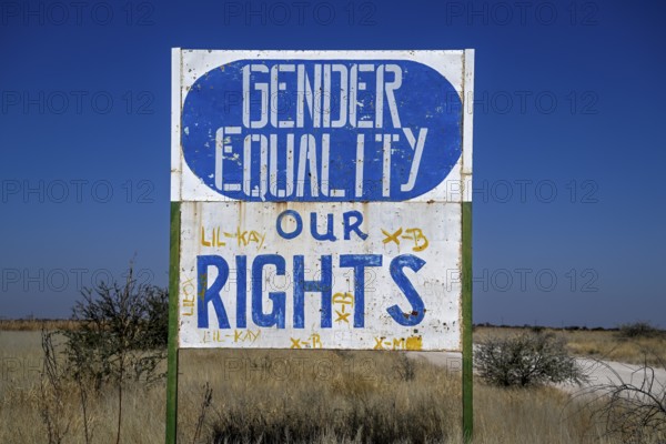Gender Equality sign, Osire Refugee Settlement, refugee camp, Osire, Otjozondjupa region, Namibia