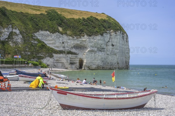Simple wooden boats on the beach of, Yport, Département Seine-Maritime, France