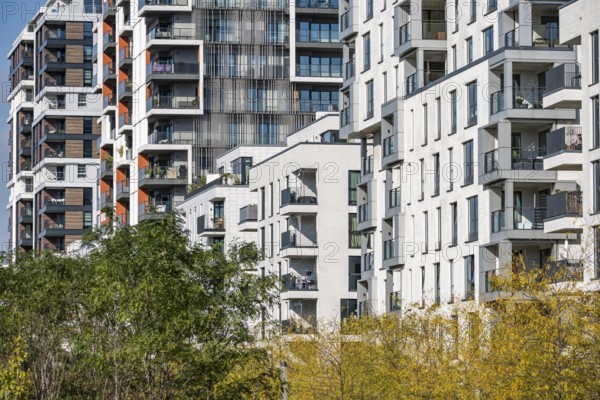 Modern residential neighbourhood along Toulouser Allee, high-rise buildings with flats and offices, on former railway premises, North Rhine-Westphalia, Germany