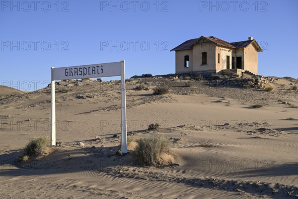 Grasplatz railway station, where railway worker Zacharias Lewala found the first diamond in 1908, near Kolmanskop, Karas region, Namibia