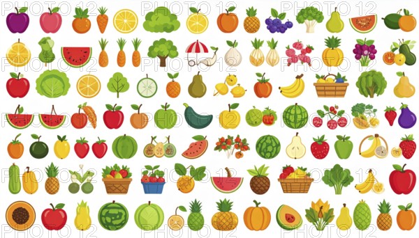 Spring and summer fruit and vegetable element set, vector illustration, AI generated