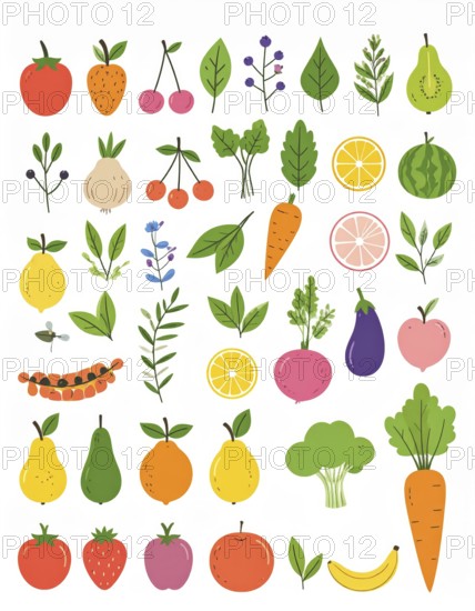 Spring and summer fruit and vegetable element set, vector illustration, AI generated