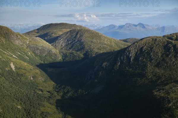 Rørsethornet hike, view over the forests and valleys of the island of Otroya or Otrøya, Møre og Romsdal, Norway
