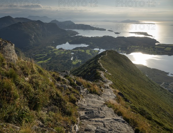 Upper section of the Rørsethornet stone staircase, with 3292 steps one of the longest continuous stone staircases in the world, Sherpatreppe or Midsundtreppe or Midsundtrappene, Rørsethornet hike, Otroya or Otrøya island, Møre og Romsdal, Norway