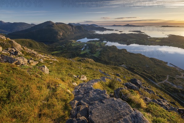View of the Norwegian coast from the Rørsethornet stone steps, with 3292 steps one of the longest continuous stone steps in the world, Sherpat stairs or Midsund stairs or Midsundtrappene, Rørsethornet hike, Otroya or Otrøya island, Møre og Romsdal, Norway