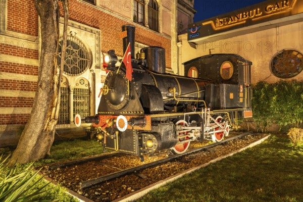 Steam locomotive in front of Istanbul Sirkeci railway station in Istanbul, Turkey