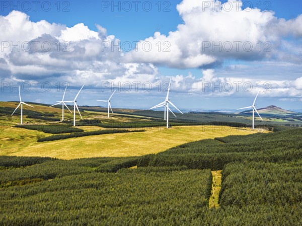 Wind Farm from a drone, Roxburghshire, Roxburgh, Southern Uplands, Scotland, UK
