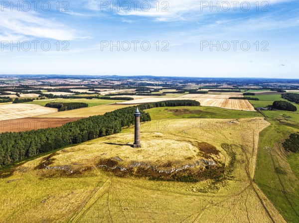 Waterloo Monument over Scottish fields and farms from a drone, Jedburgh, Scotland, UK