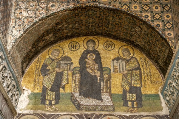 Founder mosaic with Mary, Emperor Justinian and Emperor Constantine in the Hagia Sophia or Church of St Sophia, former Byzantine church and museum in Istanbul, Turkey