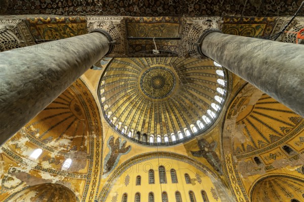 Domes in the interior of today's Hagia Sophia mosque or Church of St Sophia, former Byzantine church and museum in Istanbul, Turkey