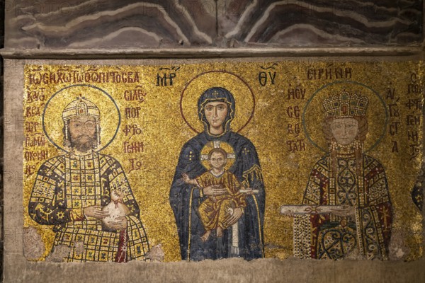 The Komnenos Mosaic with Madonna and Child in the Hagia Sophia or Church of St Sophia, former Byzantine church and museum in Istanbul, Turkey